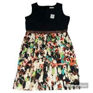NWT Calvin Klein Plus Size Black Multicolor Abstract Sleeveless Sheath Dress 16